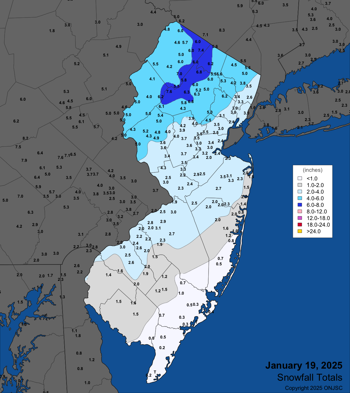 Figure 5. Snowfall on January 19th. Observations are from CoCoRaHS, NWS Cooperative Observer, and NWS Spotter reports. Snowfall map for January 19th. Observations are from CoCoRaHS, NWS Cooperative Observer, and NWS Spotter reports.