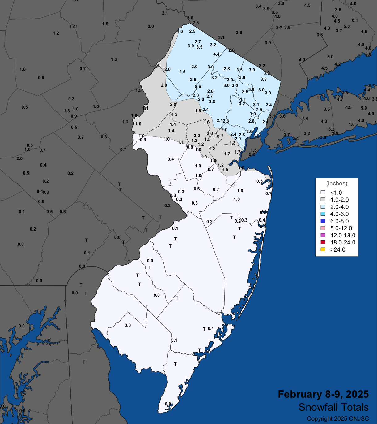 Figure 4. Snowfall on February 8th–9th. Observations are from CoCoRaHS, NWS Cooperative Observer, NWS spotters, and reports from the North Jersey Weather Observers. Snowfall on February 8th–9th. Observations are from CoCoRaHS, NWS Cooperative Observer, NWS spotters, and reports from the North Jersey Weather Observers.