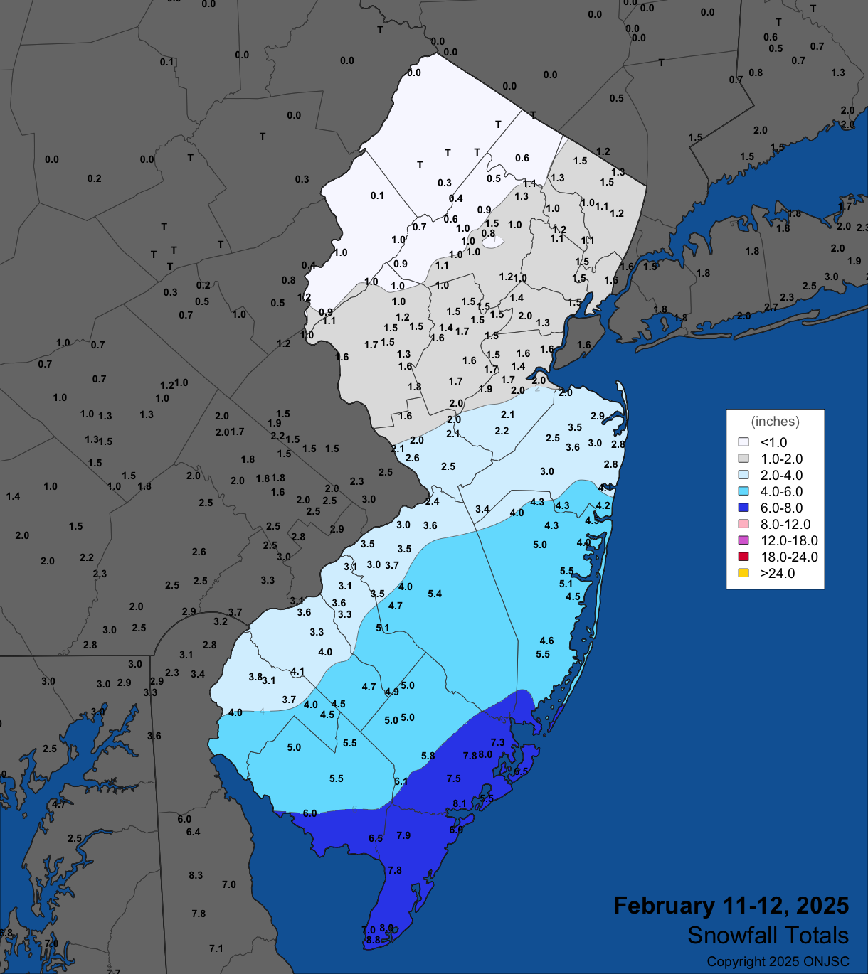 Figure 5. Snowfall on February 11th–12th. Observations are from CoCoRaHS, NWS Cooperative Observer, NWS spotters, and reports from the North Jersey Weather Observers. Snowfall on February 11th–12th. Observations are from CoCoRaHS, NWS Cooperative Observer, NWS spotters, and reports from the North Jersey Weather Observers.