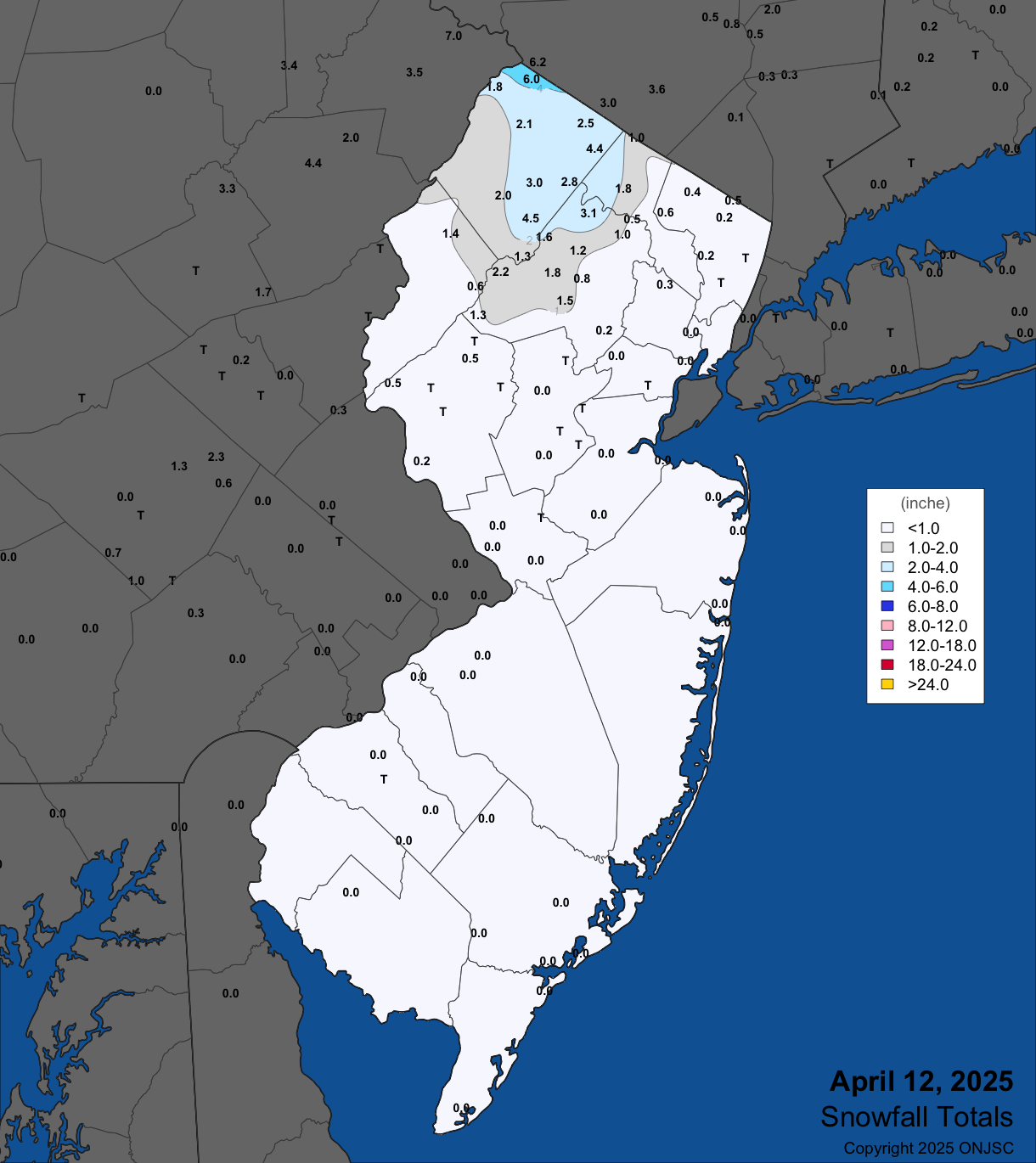 Figure 8. Snowfall on April 12th. Observations are from CoCoRaHS, NWS Cooperative Observer, NWS Trained Spotters, and reports from the North Jersey Weather Observers. Snowfall on April 12th. Observations are from CoCoRaHS, NWS Cooperative Observer, NWS Trained Spotters, and reports from the North Jersey Weather Observers.