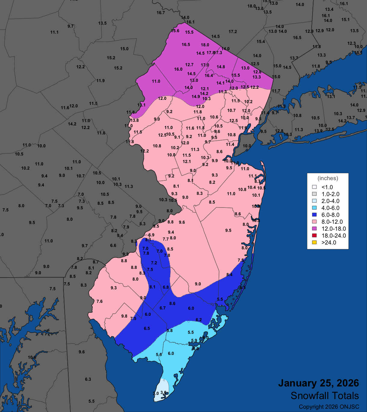 Snowfall (including sleet) on January 25th. Observations are from CoCoRaHS, NWS Cooperative Observer, and NWS Spotter reports.