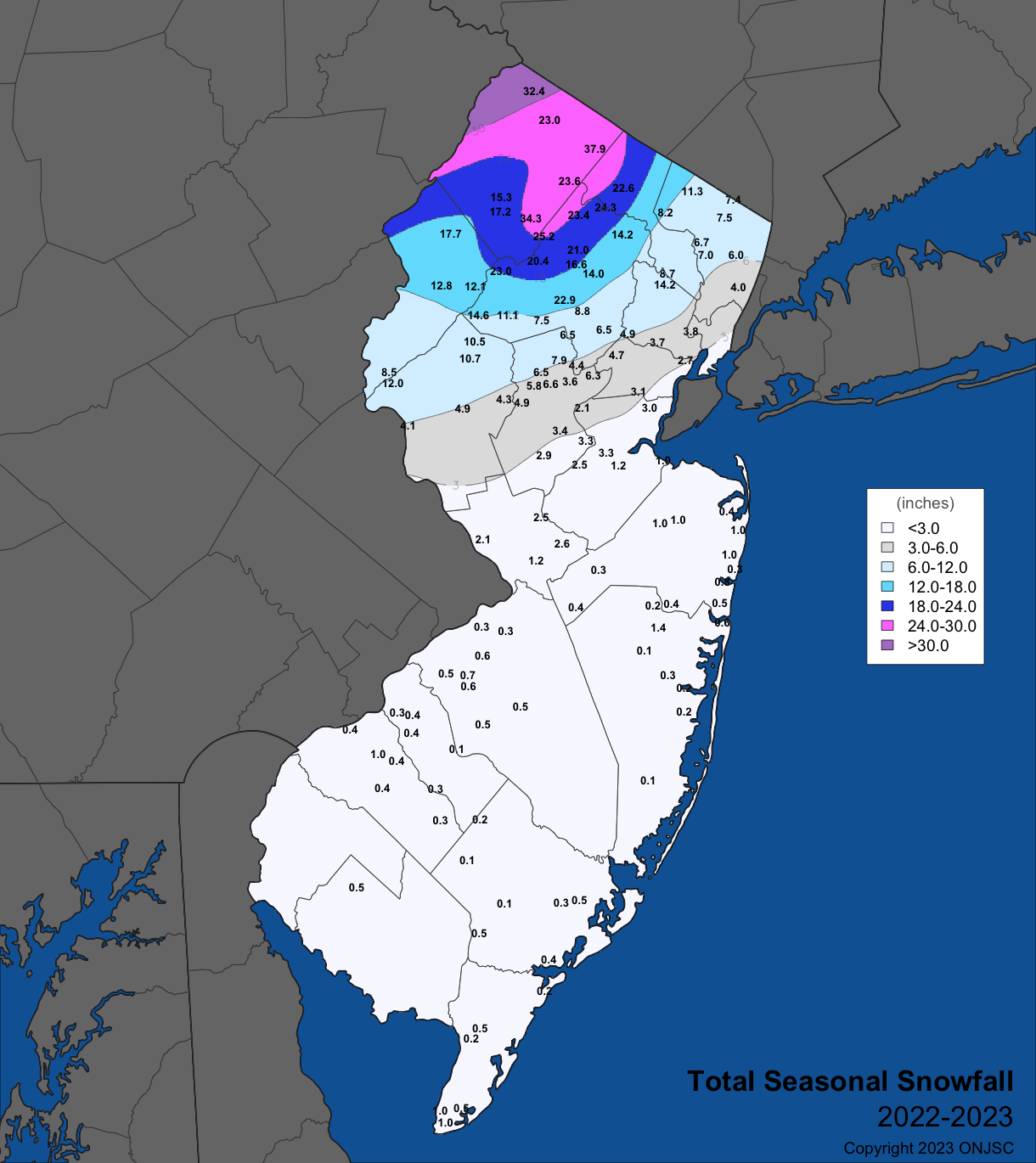 Figure 10. 2022–2023 seasonal snowfall across New Jersey based on complete records provided by CoCoRaHS, North Jersey Weather Observer, and NWS Cooperative Network observers. 2022–2023 seasonal snowfall across New Jersey based on complete records provided by CoCoRaHS, North Jersey Weather Observer, and NWS Cooperative Network observers.