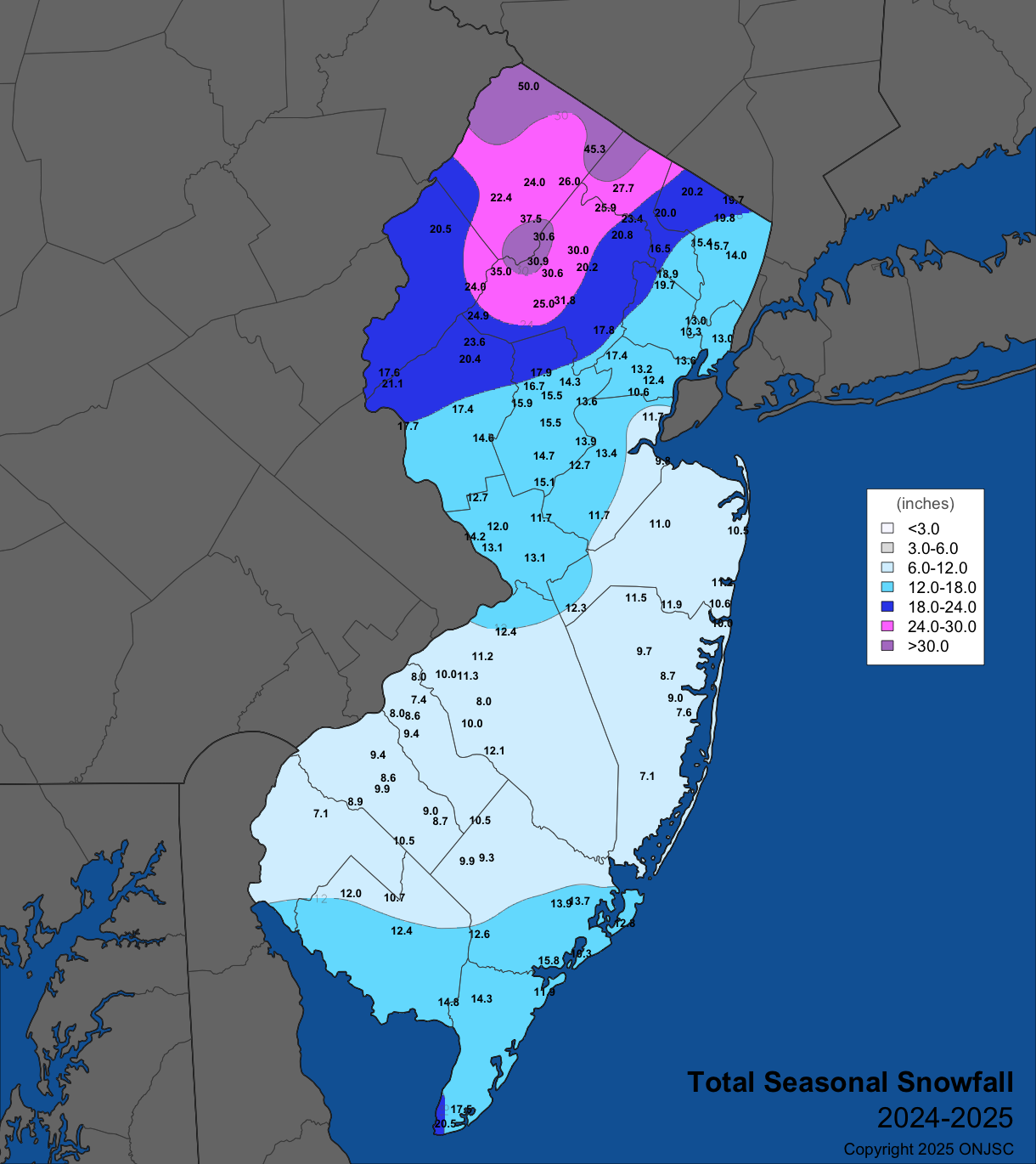 Figure 16. Seasonal snowfall (November 2024–April 2025). Observations are from CoCoRaHS, NWS Cooperative Observer, and North Jersey Weather Observers reports. Winter 2024-2025 seasonal snowfall. Observations are from CoCoRaHS, NWS Cooperative Observer, and North Jersey Weather Observers reports.
