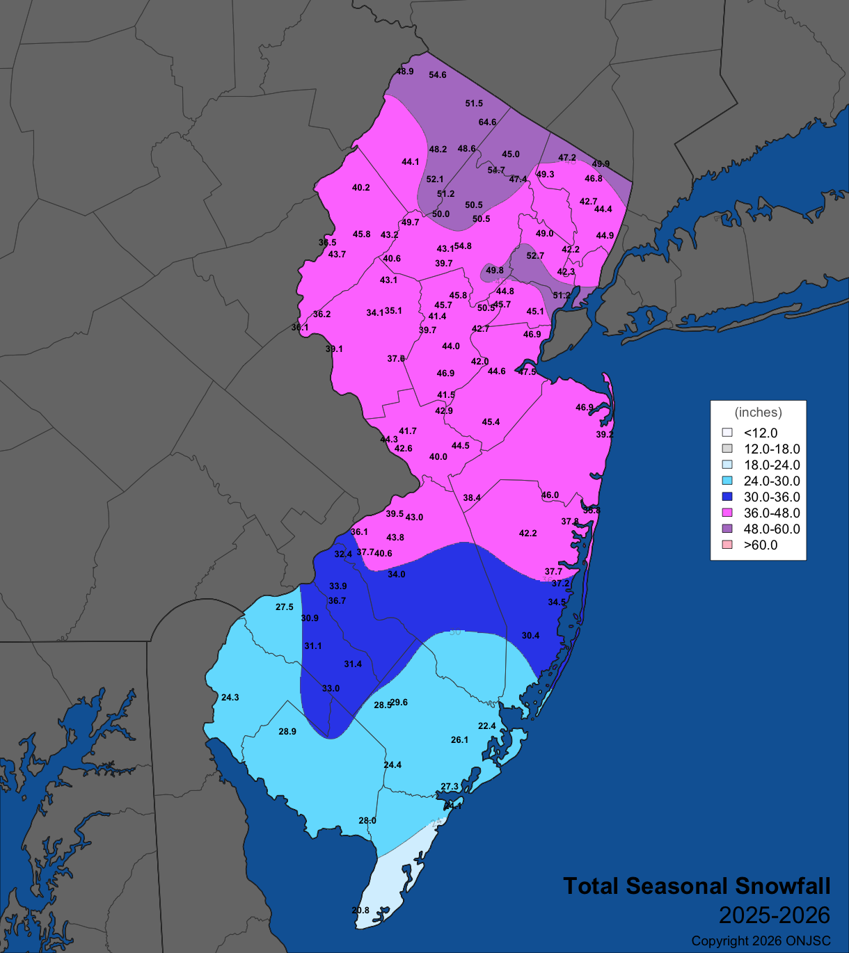 Figure 11. Seasonal snowfall (November 2025–April 2026). Observations are from CoCoRaHS, NWS Cooperative Observer, and North Jersey Weather Observers reports. Map of seasonal snowfall (November 2025–April 2026). Observations are from CoCoRaHS, NWS Cooperative Observer, and North Jersey Weather Observers reports.