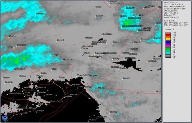 Figure 3. Radar-estimated precipitation as of 2:47 PM on July 30, indicating 0.02” at NJ-MC-3. Radar precip estimate #1