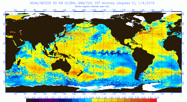 Figure 3. Sea surface temperature anomalies as of January 4, 2018. (NOAA/NESDIS)