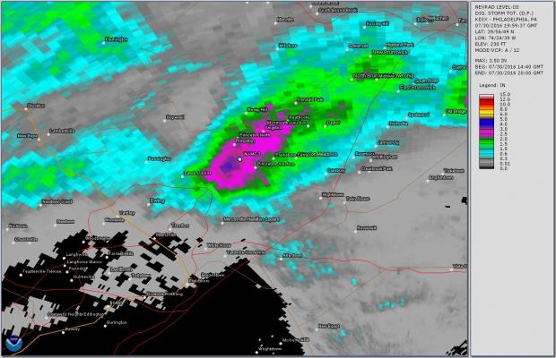 Figure 4. Radar-estimated precipitation as of 3:59 PM on July 30, indicating 3.14” at NJ-MC-3. Radar precip estimate #2