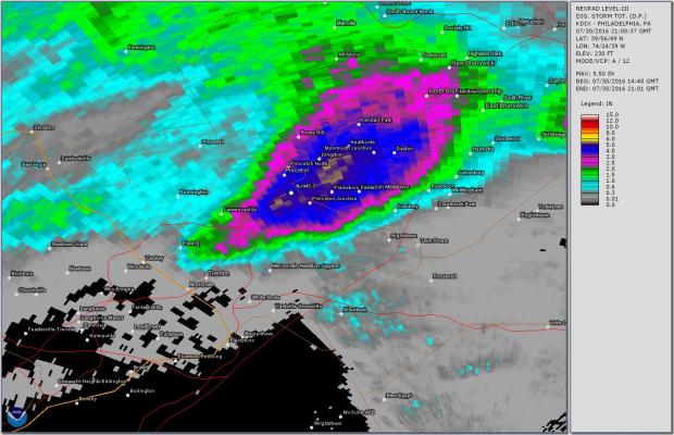Figure 5. Radar-estimated precipitation as of 5:00 PM on July 30, indicating 4.83” at NJ-MC-3. Radar precip estimate #3