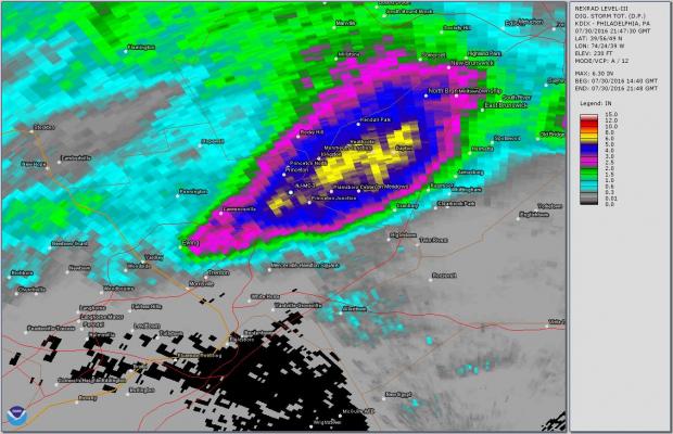 Figure 6. Radar-estimated precipitation as of 5:47 PM on July 30, indicating 5.19” at NJ-MC-3. Radar precip estimate #4