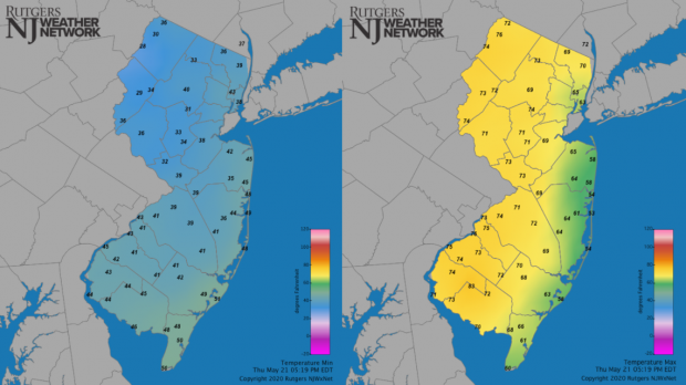 Figure 5. Minimum (left) and maximum (right) temperatures on May 21st at NJWxNet stations. May 21st minimum and maximum temperature maps