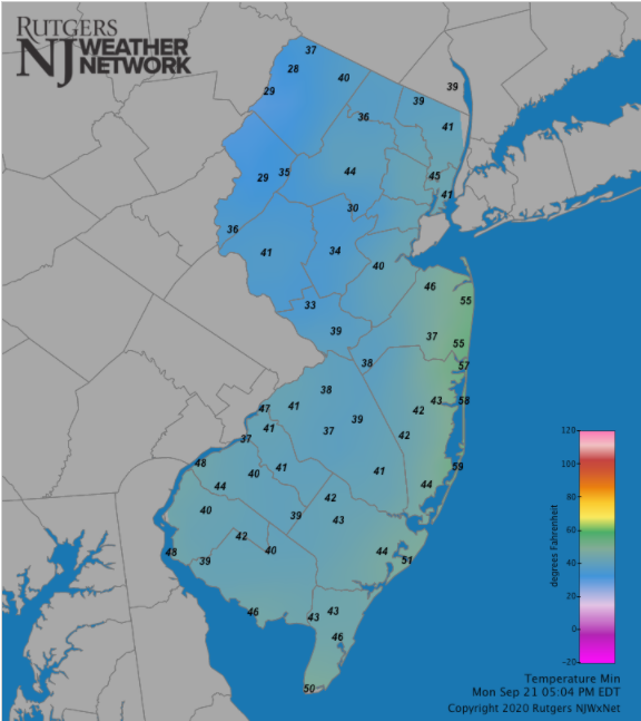 Figure 2. Minimum temperatures on the morning of September 21st showing a range from 28° in Sandyston to 59° in Harvey Cedars (which fell 55° late in the evening to reach a lower daily minimum than shown here). Reports are from the Rutgers NJ Weather Network. Daily minimum temperature map on September 21st