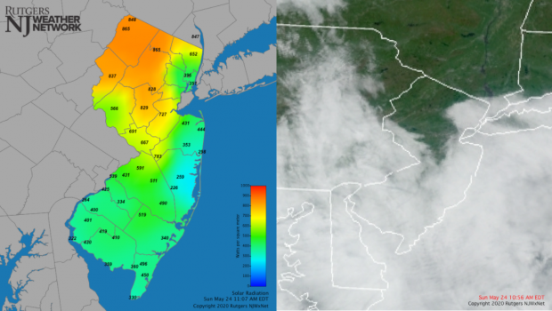 Figure 9. Solar radiation at 11:07AM (left) and cloud cover from a visible satellite image at 10:56AM (right) on May 24th. Radiation observations from the NJWxNet and satellite image from NOAA. Solar radiation and visible satellite image from May 24th