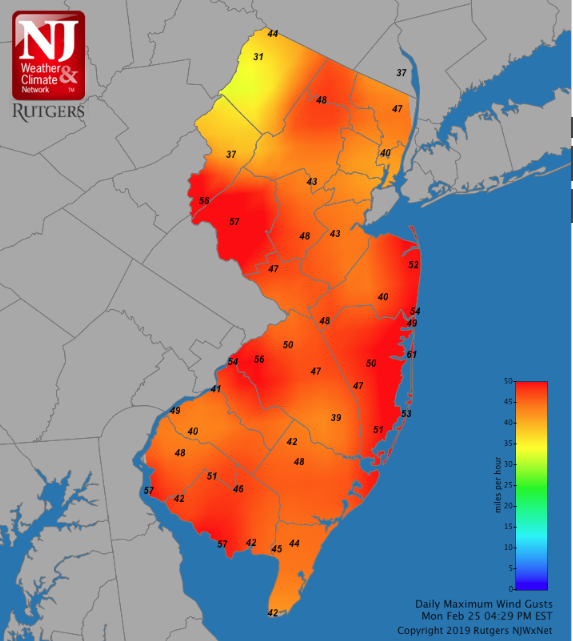 Figure 5. Maximum wind gusts on February 25th. Observations are from NJWxNet stations. Wind gust map for February 25th