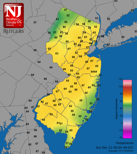 NJWxNet temperature map from 6 AM on December 22, 2013, displaying the unseasonably warm temperatures across the state Temperature map