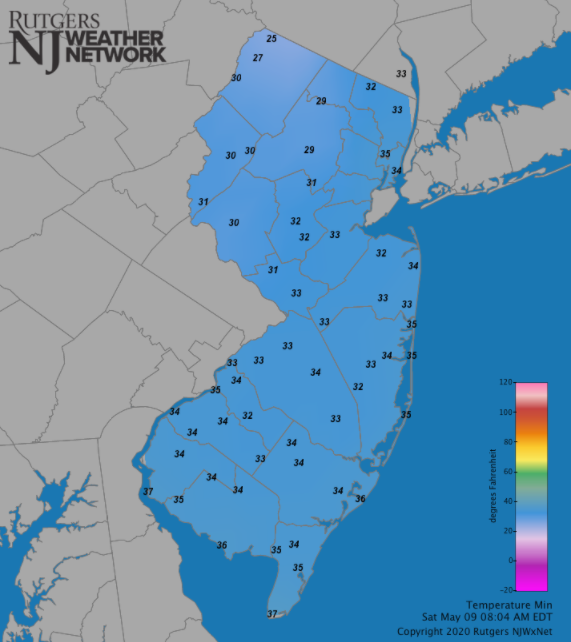 Figure 2. Minimum temperatures on May 9th. Reports are from NJWxNet stations. May 9th minimum temperature map