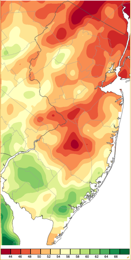 Figure 10. Annual 2020 precipitation across New Jersey based on a PRISM (Oregon State University) analysis generated using NWS Cooperative and CoCoRaHS observations. NJ totals ranged from 42”–44” (red) to 66”–68” (dark green). Note that values in Delaware were higher, with no area in NJ greater than between 62”–64”. Annual 2020 PRISM precipitation estimate map