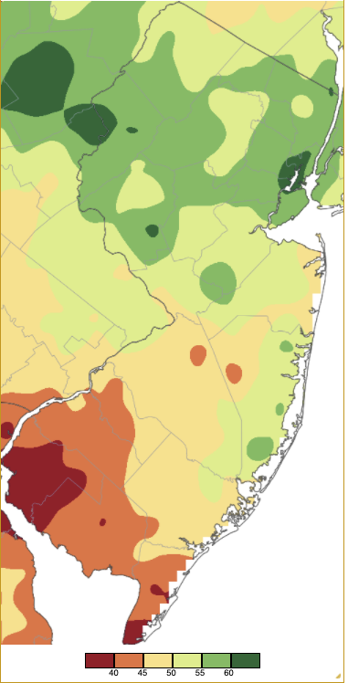 Figure 5. Annual 2021 precipitation across New Jersey based on a PRISM (Oregon State University) analysis generated using NWS Cooperative and CoCoRaHS observations. NJ totals ranged from 35.00”–40.00” (red) to 60.00”–65.00” (dark green). Annual 2021 precipitation across New Jersey based on a PRISM (Oregon State University) analysis generated using NWS Cooperative and CoCoRaHS observations.