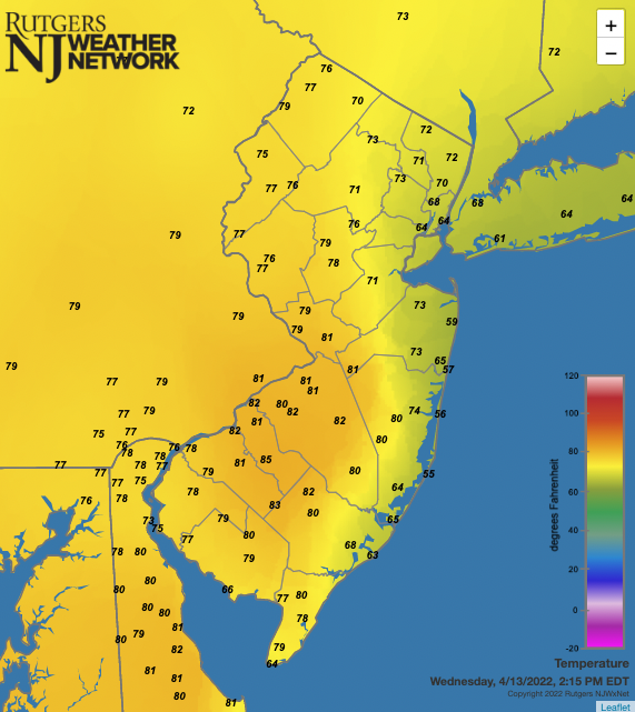 Figure 6. Temperatures across NJ and nearby states at 2:15 PM on April 13th. Observations are from NJWxNet, National Weather Service, and Delaware Environmental Observing System stations. Temperatures across NJ and nearby states at 2:15 PM on April 13th. Observations are from NJWxNet, National Weather Service, and Delaware Environmental Observing System stations.