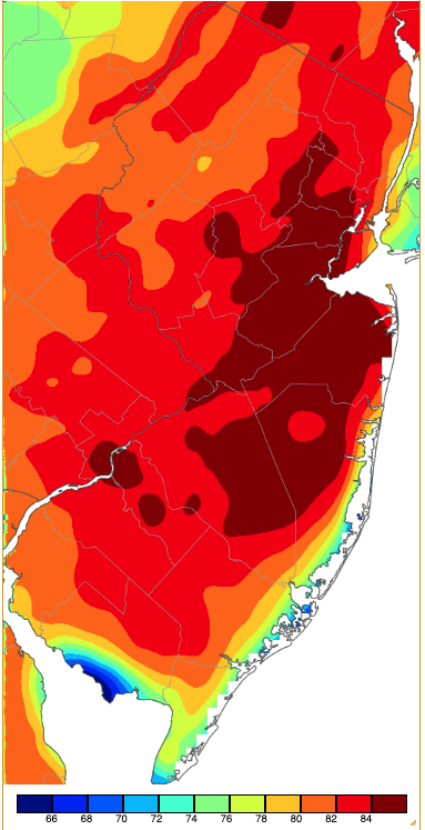 Figure 7. Maximum temperatures on April 14th based on a PRISM (Oregon State University) analysis generated using NWS, NJWxNet, and other professional weather stations. Note the 2-degree increment scale beneath the map. Maximum temperatures on April 14th based on a PRISM (Oregon State University) analysis generated using NWS, NJWxNet, and other professional weather stations.