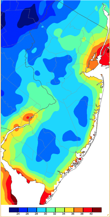 Figure 8. Minimum temperatures on April 18th based on a PRISM (Oregon State University) analysis generated using NWS, NJWxNet, and other professional weather stations. Note the in 2-degree increment scale beneath the map. Minimum temperatures on April 18th based on a PRISM (Oregon State University) analysis generated using NWS, NJWxNet, and other professional weather stations.
