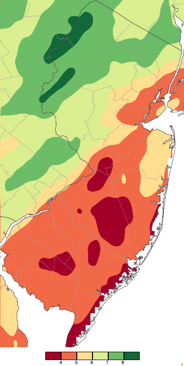 Figure 1. April 2022 precipitation across New Jersey based on a PRISM (Oregon State University) analysis generated using NWS Cooperative and CoCoRaHS observations from 8 AM on March 31st to 8 AM on April 30th (PM rainfall on March 31st is included in April totals). Note the scale in full inches at the bottom of the map. Totals range from 3.00–4.00” (dark red) to 8.00”–9.00” (dark green). . April 2022 precipitation across New Jersey based on a PRISM (Oregon State University) analysis generated using NWS Cooperative and CoCoRaHS observations from 8 AM on March 31st to 8 AM on April 30th (PM rainfall on March 31st is included in April totals).