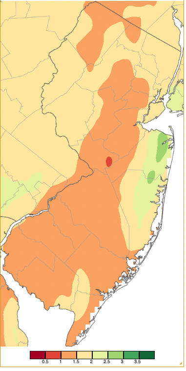 Figure 5. Precipitation across New Jersey from 8 AM on April 18th through 8 AM April 20th based on a PRISM (Oregon State University) analysis generated using generated using NWS Cooperative and CoCoRaHS observations. Note the scale in inches beneath the map. Precipitation across New Jersey from 8 AM on April 18th through 8 AM April 20th based on a PRISM (Oregon State University) analysis generated using generated using NWS Cooperative and CoCoRaHS observations.