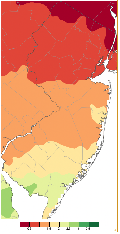 Figure 3. Precipitation across New Jersey from 8 AM on April 5th through 8 AM April 7th based on a PRISM (Oregon State University) analysis generated using generated using NWS Cooperative and CoCoRaHS observations. Note the scale in inches beneath the map. Precipitation across New Jersey from 8 AM on April 5th through 8 AM April 7th based on a PRISM (Oregon State University) analysis generated using generated using NWS Cooperative and CoCoRaHS observations.