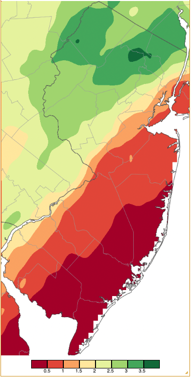 Figure 4. Precipitation across New Jersey from 8 AM on April 7th through 8 AM April 8th based on a PRISM (Oregon State University) analysis generated using generated using NWS Cooperative and CoCoRaHS observations. Note the scale in inches beneath the map. Precipitation across New Jersey from 8 AM on April 7th through 8 AM April 8th based on a PRISM (Oregon State University) analysis generated using generated using NWS Cooperative and CoCoRaHS observations.