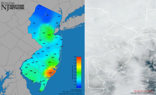 Figure 7. Solar radiation at 12:52PM (left) and cloud cover from a visible satellite image at 12:41PM (right) on April 30th. Radiation observations from the NJWxNet and satellite image from NOAA. Solar radiation and visible satellite maps from April 30th