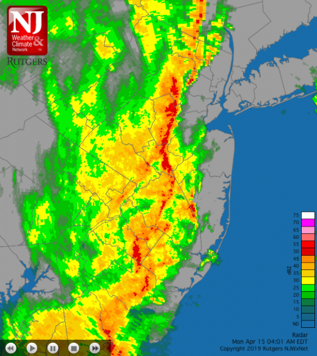 Figure 1. Radar image at 4:01AM EDT on April 15 showing the intense squall line and surrounding light to moderate precipitation that was rapidly moving west to east across New Jersey. April 15th squall radar image