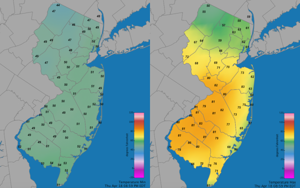 Figure 4. Minimum (left) and maximum (right) daily temperatures across NJ on April 18th as observed at NJWxNet sites. Daily min/max temperatures on April 18th