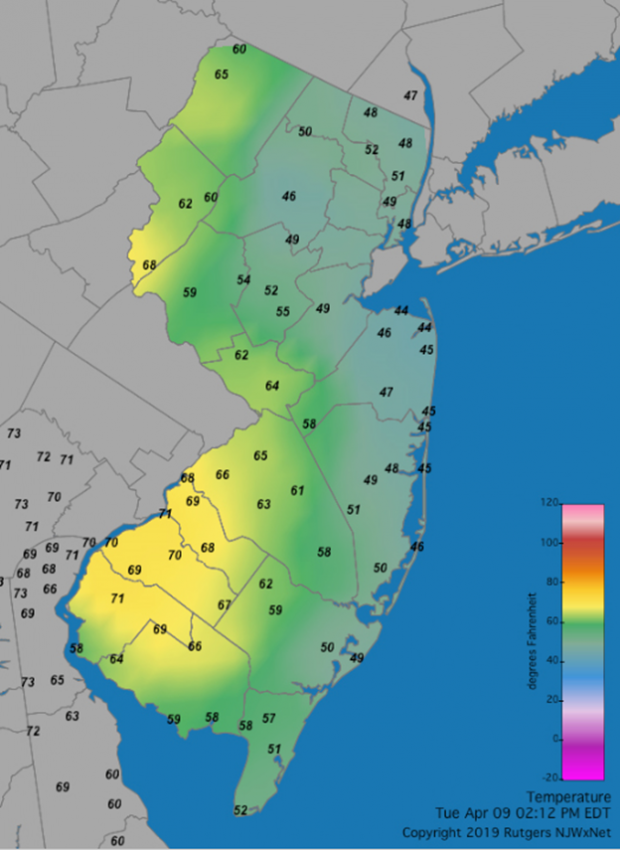 Figure 3. Temperatures across NJ at 2:12PM EDT on April 9th as observed at NJWxNet and Delaware Environmental Observing System sites. 2:12 PM NJ temperature map