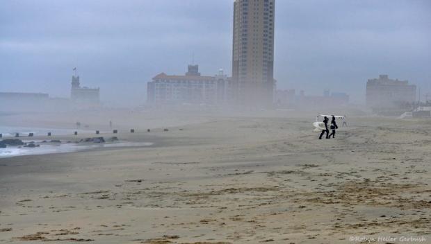 Surfers and other beach goers on Christmas day near Asbury Park (Monmouth County). Photo by Robyn Gerbush. Beach fog