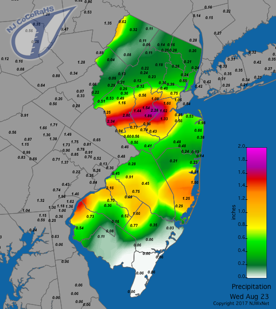 Figure 3. Rainfall from the morning of August 22nd to morning of August 23rd." class="image-extra-large" /><br/>Figure 3. Rainfall from the morning of August 22nd to morning of August 23rd. August 22 2017 rainfall map