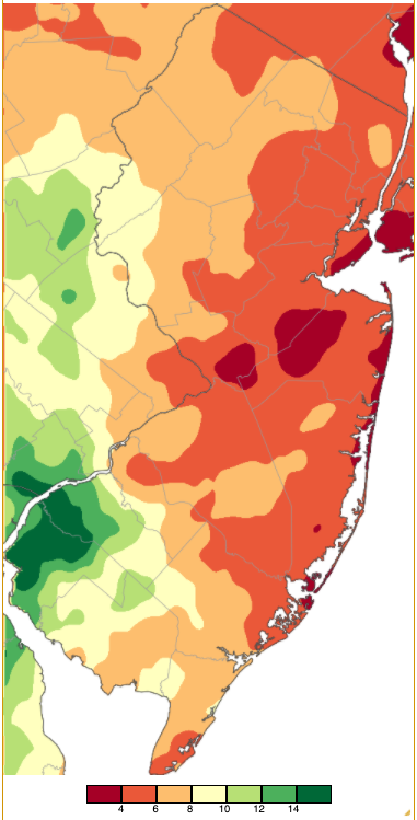 Figure 1. August 2020 precipitation across New Jersey based on a PRISM analysis generated using NWS Cooperative and CoCoRaHS observations (Oregon State University). Areas in red (under 4.00”) received below-average precipitation, while areas in light orange were several inches above normal. Light tan through dark green received twice to over three times normal totals. August 2020 PRISM precipitation estimate map