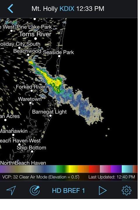 Radar reflectivity from the National Weather Service radar in Fort Dix showing the Beachwood wildfire smoke plume on April 24, 2014. Radar image