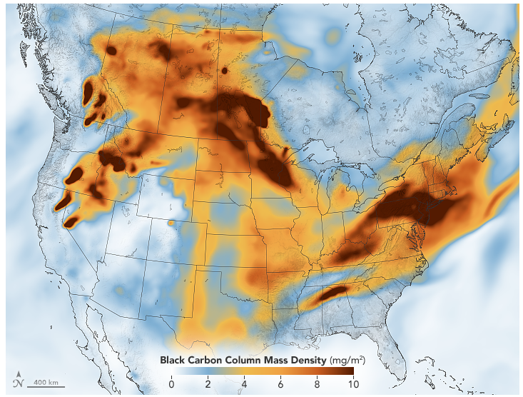 Figure 11. Black carbon column mass density is depicted in this satellite-derived product on July 21, 2021, across the same general region of Figure 9. Densities are greatest near the origin of fires in the West, in the upper Midwest, and across Pennsylvania and New Jersey (image courtesy of NASA). Black carbon column mass density map on July 21, 2021, representing atmospheric smoke