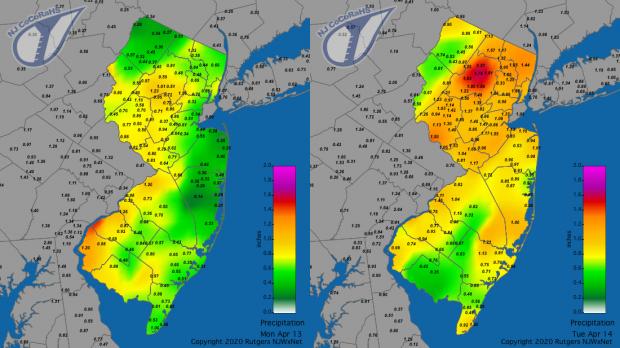 Figure 2. Rainfall from approximately 7AM on April 12th to 7AM on April 13th (left) and from 7AM on April 13th to 7AM on April 14th (right). Reports are from CoCoRaHS observers. Precipitation maps for April 13th and 14th