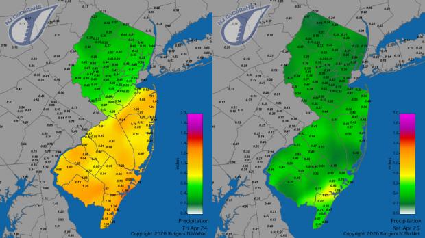 Figure 5. Rainfall from approximately 7AM on April 23rd to 7AM on April 24th (left) and from 7AM on April 24th to 7AM on April 25th (right). Reports are from CoCoRaHS observers. Precipitation maps for April 24th and 25th