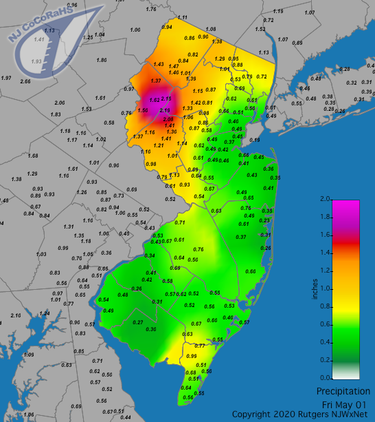 Figure 7. Rainfall from approximately 7AM on April 30th to 7AM on May 1st. Reports are from CoCoRaHS observers. Precipitation maps for May 1st