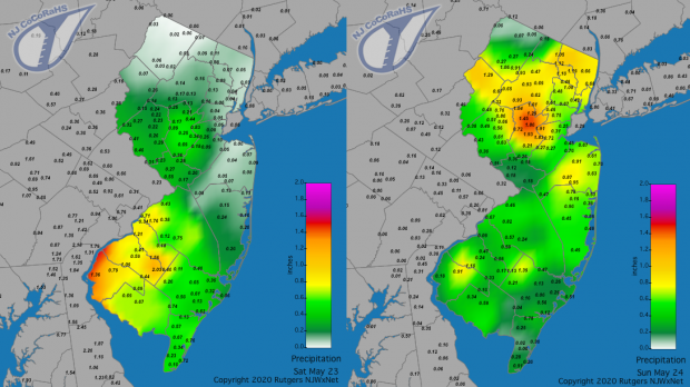 Figure 8. Rainfall from approximately 7AM on May 22nd to 7AM on 23rd (left) and from 7AM on May 23rd to 7AM on May 24th (right). Reports are from CoCoRaHS observers. Solar radiation and visible satellite image from May 24th