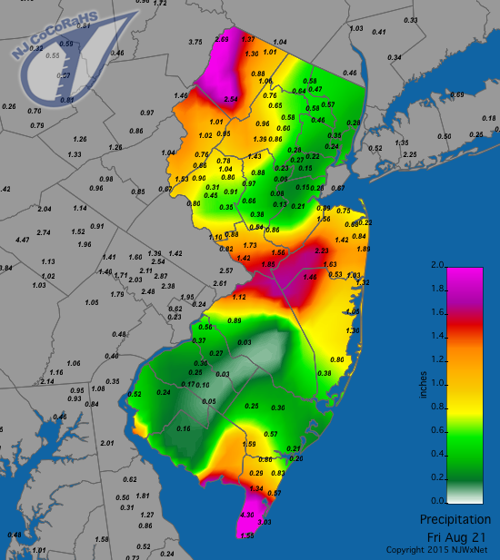 Figure 4. CoCoRaHS rainfall map for the morning of August 21, 2015. CoCoRaHS precip map