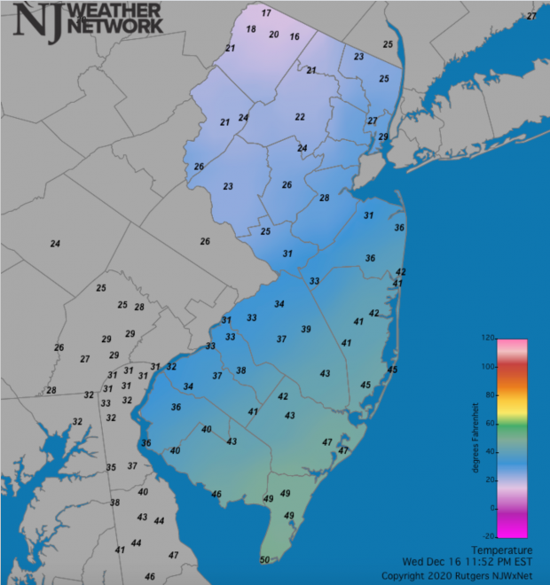 Figure 9. Temperature on December 16th at 11:52 PM showing NJ observations ranging from 50° in West Cape May to 16° in Vernon Township (reading of 14° at High Point Monument not shown). Reports are from the Rutgers NJ Weather Network, the Delaware Environmental Observation System, and NWS stations. NJ temperature map at 11:52 PM on December 16th