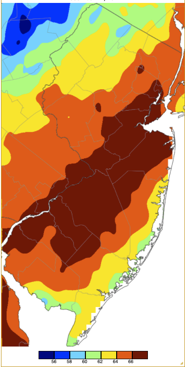 Figure 2. Maximum temperatures on December 11th based on a PRISM (Oregon State University) analysis generated using NWS, NJWxNet, and other professional weather stations. Note the 2 ° increment scale beneath the map. Maximum temperatures on December 11th based on a PRISM (Oregon State University) analysis generated using NWS, NJWxNet, and other professional weather stations.