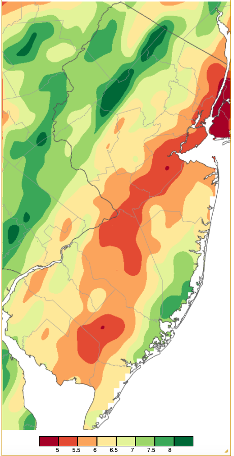 Figure 1. December 2020 precipitation across New Jersey based on a PRISM (Oregon State University) analysis generated using NWS Cooperative and CoCoRaHS observations from 7 AM on November 30th to 7 AM on December 31st. Totals range from 4.50”–4.99” (red) to 8.00”–8.49” (dark green). December 2020 PRISM precipitation estimate map