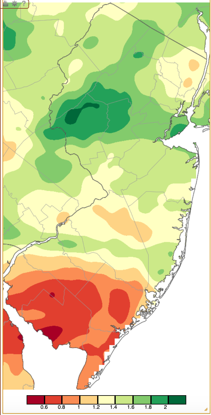 Figure 1. December 2021 precipitation across New Jersey based on a PRISM (Oregon State University) analysis generated using NWS Cooperative and CoCoRaHS observations from 7 AM on November 30th to 7 AM on December 31st. Note the scale in two-tenths of an inch at the bottom of the map. Totals range from 0.40”–0.60” (dark red) to 2.00”-2.20” (dark green). December 2021 precipitation across New Jersey based on a PRISM (Oregon State University) analysis generated using NWS Cooperative and CoCoRaHS observations from 7 AM on November 30th to 7 AM on December 31st.