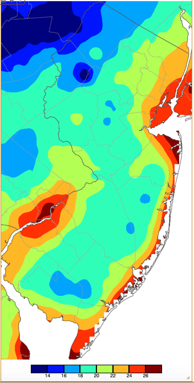 Figure 3. Minimum temperatures on December 20th based on a PRISM (Oregon State University) analysis generated using NWS, NJWxNet, and other professional weather stations. Note the in 2 °F increment scale beneath the map. Minimum temperatures on December 20th based on a PRISM (Oregon State University) analysis generated using NWS, NJWxNet, and other professional weather stations.