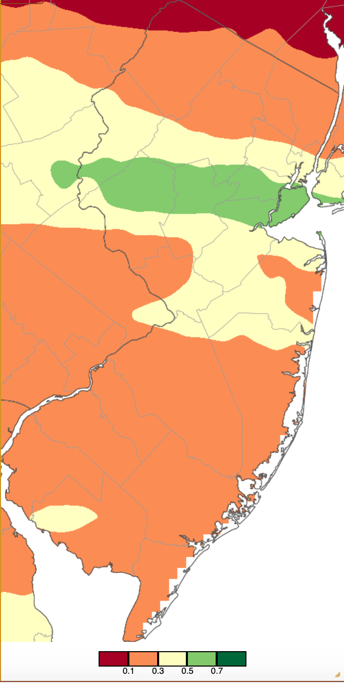 Figure 4. Precipitation across New Jersey from 7 AM on December 28th through 7 AM on December 30th based on a PRISM (Oregon State University) analysis generated using NWS Cooperative and CoCoRaHS observations. Note the scale in inches beneath the map. Precipitation across New Jersey from 7 AM on December 28th through 7 AM on December 30th based on a PRISM (Oregon State University) analysis generated using NWS Cooperative and CoCoRaHS observations.