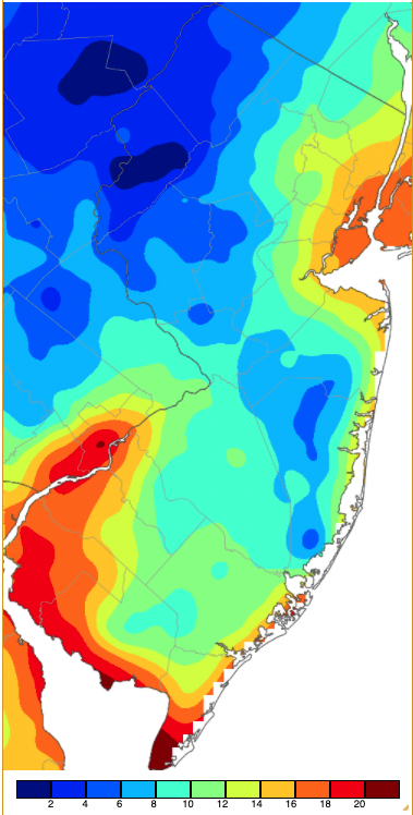 Figure 9. Minimum temperatures on February 15th based on a PRISM (Oregon State University) analysis generated using NWS, NJWxNet, and other professional weather stations. Note the in 2 degree increment scale beneath the map. Minimum temperatures on February 15th based on a PRISM (Oregon State University) analysis generated using NWS, NJWxNet, and other professional weather stations.