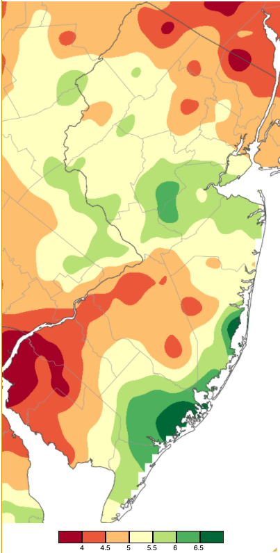 Figure 1. February 2021 precipitation across New Jersey based on a PRISM (Oregon State University) analysis generated using NWS Cooperative and CoCoRaHS observations from 7 AM on January 31st to 7 AM on February 28th. Totals range from 3.50”–3.99” (red) to 6.50”–6.99” (dark green). February 2021 PRISM precipitation estimate map
